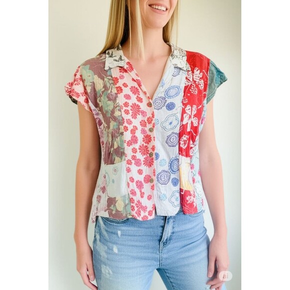 Sacred Threads Patchwork Button Up Top L Short Sleeve Hippie Festival India - Picture 1 of 6